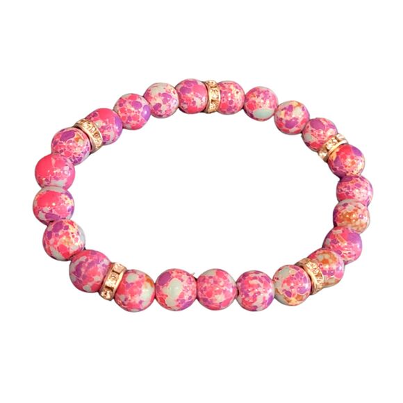 Handmade Jewelry - 8mm Pink Genuine Round Bead Natural Stone Gold Crystal Rondel Stretch Bracelet